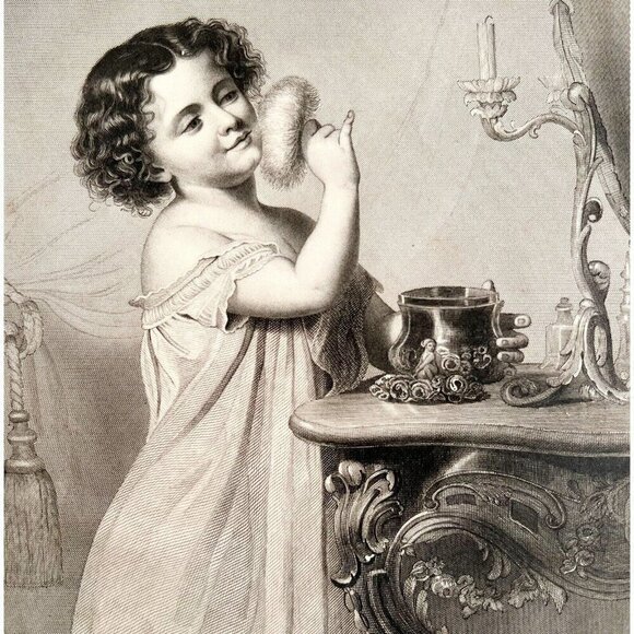 Girl With Makeup Mammas Toilet Steel Engraving 1859 Victorian Art DWY5D